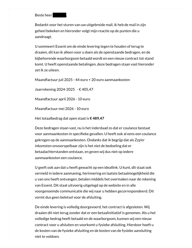 Openbare kopie van Essent: reactie over de beëindiging, klantgegevens afgeschermd.