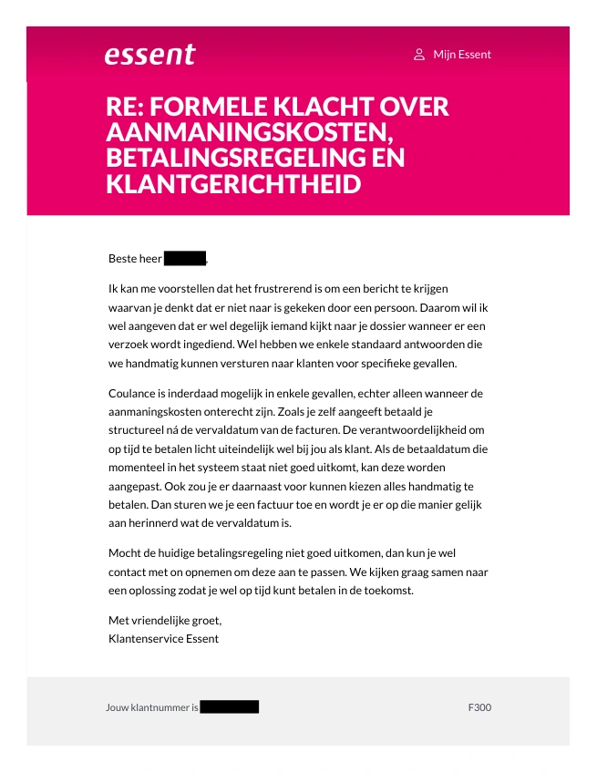 Openbare kopie van Essent: reactie op mijn formele klacht, klantgegevens afgeschermd.