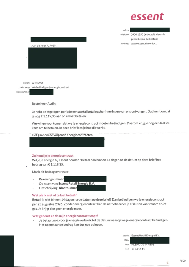 Voorbeeld van Essent: nieuwe beëindigingsbrief, persoonsgegevens afgeschermd.