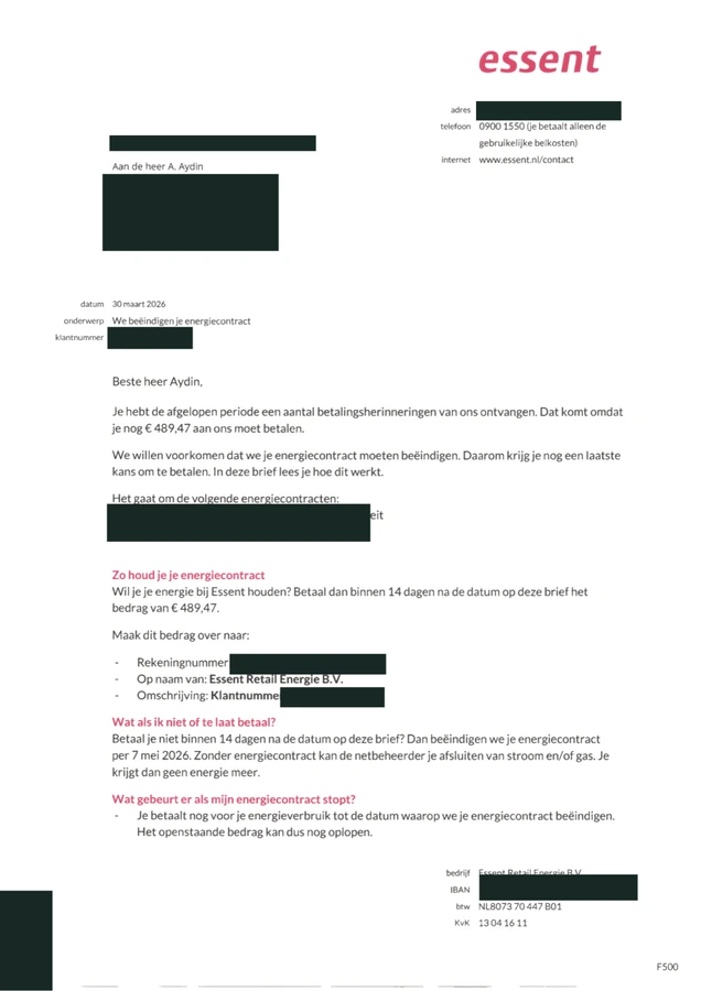 Voorbeeld van Essent: aangekondigde beëindiging, persoonsgegevens afgeschermd.