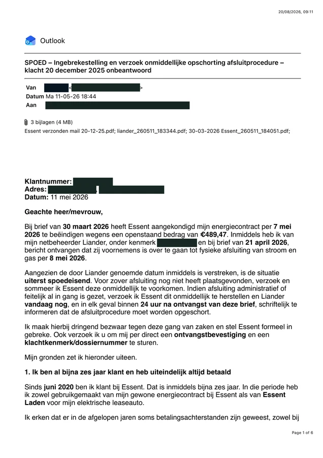 Voorbeeld van Dringende vervolgklacht van 11 mei 2026, persoonsgegevens afgeschermd.