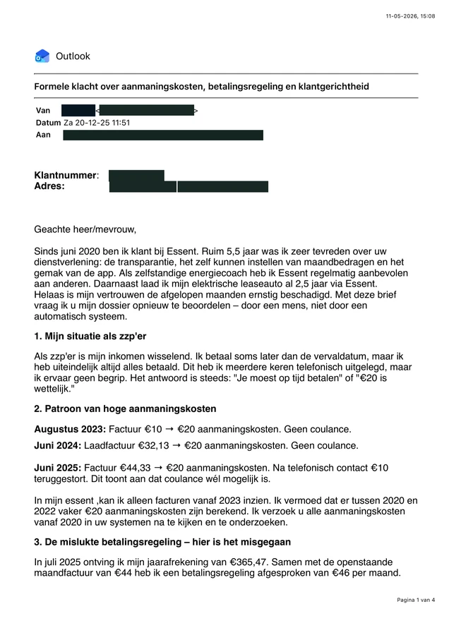 Voorbeeld van Formele klacht van 20 december 2025, persoonsgegevens afgeschermd.