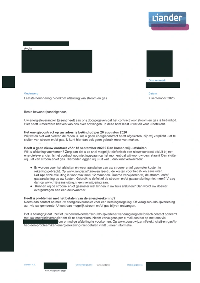 Eerste pagina van de Liander-waarschuwing van 7 september 2026, met persoonsgegevens afgeschermd.